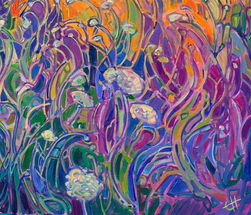 Waving fields of Queen Anne's lace, wildflowers, and long summer grasses draw the eye into radiating shadows of this Open Impressionism painting by Erin Hanson. Thick brushstrokes of oil paint create patterns of texture that keep the eye moving throughout the painting. This painting captures the golden hour light in the Oregon countryside.