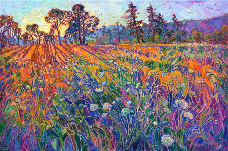 Waving fields of Queen Anne's lace wildflowers and long summer grasses draw the eye into radiating shadows of this Open Impresisonism painting by Erin Hanson. Thick brushstrokes of oil paint create patterns of texture that keep the eye moving throughout the painting. This painting captures the golden hour light in the Oregon countryside.