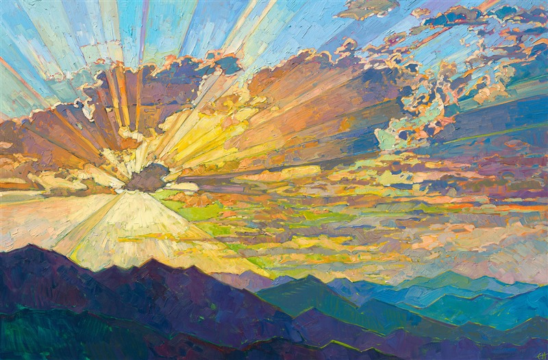 Rays of multi-colored light radiate from behind the clouds in this Western impressionism sunset painting. The distant angular mountains add a sense of rhythm as they change color into the distance.  The impasto brush strokes are thickly applied and add a textural dimension to the painting.</p><p>This painting was done on 1-1/2" canvas, with the painting continuing around the edges. The piece has been framed in a gold floater frame and arrives ready to hang.