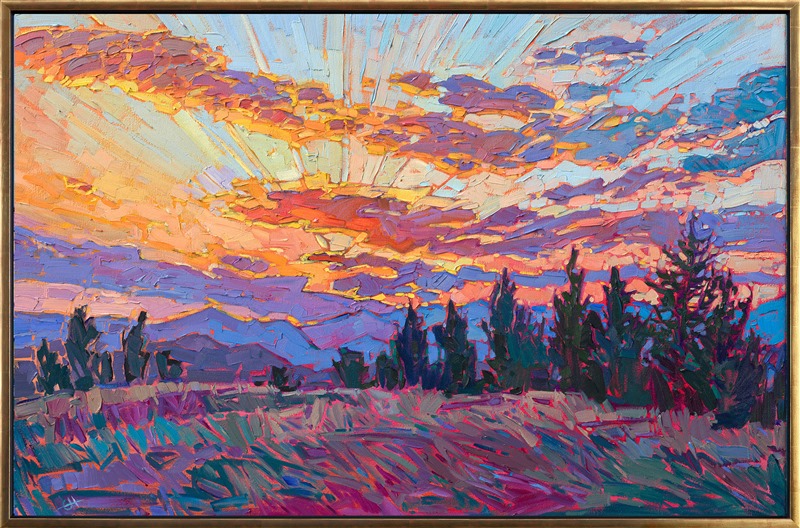This sunset painting captures dramatic rays of light that dance with color above the blue mountains of Oregon's Willamette Valley. The thickly applied brush strokes are laid side by side, without overlapping, in Hanson's signature Open Impressionism style. The fresh, spontaneous technique of painting in oils is the epitome of "getting it right the first time."</p><p>"Radiant Sunset" is an original oil painting on stretched canvas. The piece arrives framed in a burnished, 23kt gold floater frame, ready to hang.