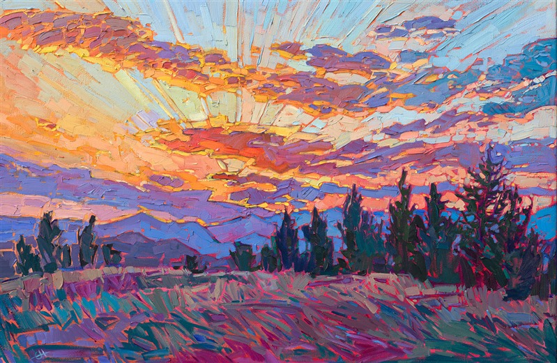 This sunset painting captures dramatic rays of light that dance with color above the blue mountains of Oregon's Willamette Valley. The thickly applied brush strokes are laid side by side, without overlapping, in Hanson's signature Open Impressionism style. The fresh, spontaneous technique of painting in oils is the epitome of "getting it right the first time."</p><p>"Radiant Sunset" is an original oil painting on stretched canvas. The piece arrives framed in a burnished, 23kt gold floater frame, ready to hang.