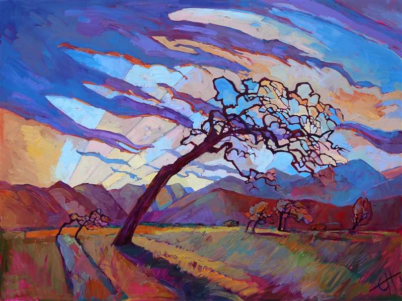 Jagged rags of purple cloud break across a dawn sky, the rays of early dawn shooting across the landscape. The brush strokes are thick and impasto, with a mosaic or stained glass quality.