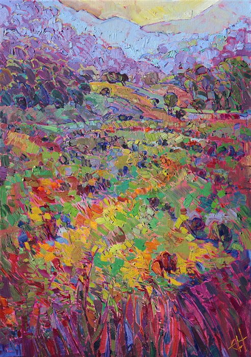 The back country roads that wind between Cambria and Paso Robles in central California are filled with little valleys and ranges of hills that are most beautiful in the first light of dawn. Each blade of grass becomes covered in coastal dew, which seems to refract the dawn light into a prismatic rainbow of color. This painting, with its thick brush strokes and moving color, brings the freshness of the outdoors into your home.

This painting was created on gallery depth canvas, with the painting continued around the edges of the stretched canvas. It arrives ready to hang without a frame needed.