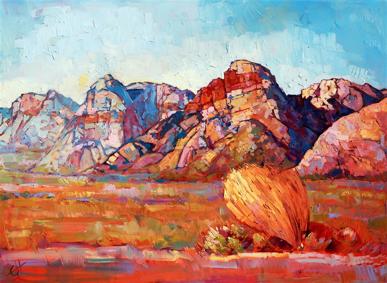 This familiar scene of Rainbow Mountains from the 13-mile loop road of Red Rock Canyon always brings happy memories of rock climbing to the artist's mind. The flat desert floor ends abruptly in towering sandstone cliffs, the shadows cool and blue, keeping cool even during the hot summer months. This painting brings to life the beauty and emotion of seeing Rainbow Mountains for the first time.