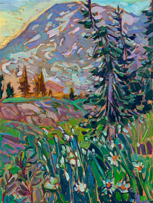 Hiking up to the peak of Mt Rainier, the thought that kept haunting me the entire day was, "How am I going to capture the grandeur and overwhelming scale of this mountain?!" This is a petite painting that still manages to re-create the immense size of Mt Rainier and how the peak seems to feel your entire field of vision when you are standing below the peak.