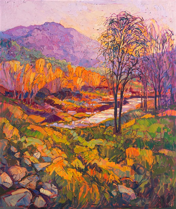 Early morning color drenches this landscape of northern California wine country.  The brush strokes in this painting bring the vivid color to life with motion and curving textures.