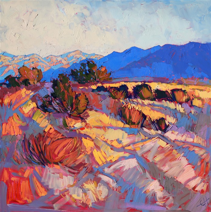 Bold brush strokes and brilliant color are applied in an attempt to capture the reality of the beautiful colors seen at sunset in Borrego Springs. Long shadows criss-cross against the patches of sun-lit grasses and scrub bushes.
