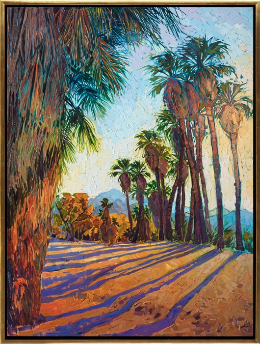 Early morning sun rays slant through a group of palm trees growing in Indian Canyon Oasis.  Amid the arid desert, these little pockets of lush greenery and flowing water are a cool and welcome contrast. The brush strokes in this painting are thick and impressionistic, alive with color and motion.</p><p>"Rays of Light" was created on 1-1/2" canvas, with the painting continued around the edges. The painting has been framed in a custom-made, gold floating frame.