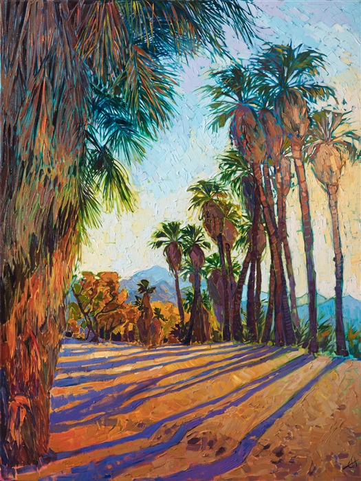 Early morning sun rays slant through a group of palm trees growing in Indian Canyon Oasis.  Amid the arid desert, these little pockets of lush greenery and flowing water are a cool and welcome contrast. The brush strokes in this painting are thick and impressionistic, alive with color and motion.</p><p>"Rays of Light" was created on 1-1/2" canvas, with the painting continued around the edges. The painting has been framed in a custom-made, gold floating frame.