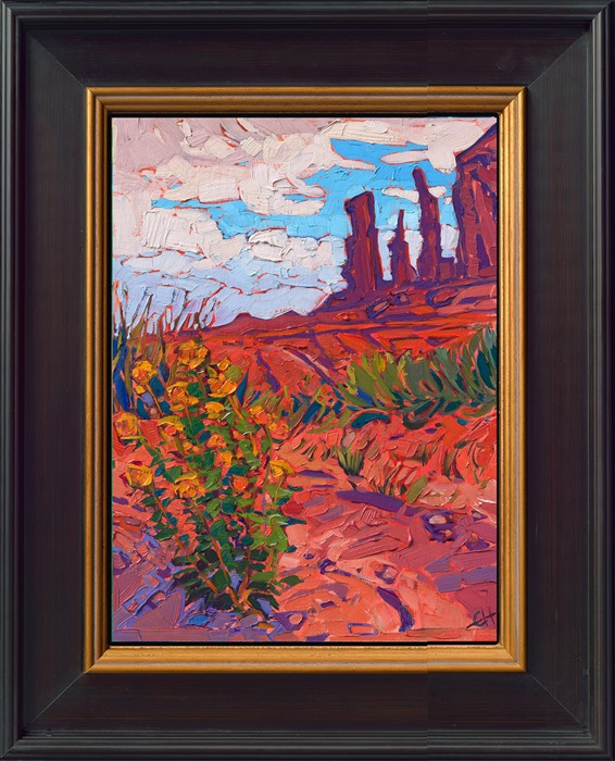 <B>PLEASE NOTE: This painting will be hanging at the <I>Desert Caballeros Western Museum </I>for their 18th annual <I>Cowgirl Up</I> exhibition. You may purchase this painting online, but the earliest we can ship your painting is September 3rd.</B></p><p>Red rock fins stretch dramatically into the desert sky, in this petite oil painting of Monument Valley. The Four Corners region is famous for its dramatic buttes and red rock formations, and the strong compositional elements have inspired many southwestern paintings.</p><p>"Red Buttes" is an original oil painting on linen board. The piece arrives framed in a black and gold plein air frame, ready to hang.