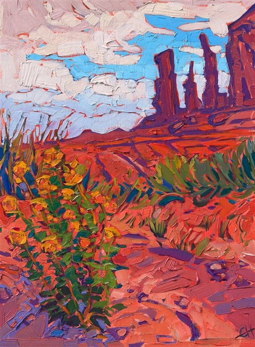 <B>PLEASE NOTE: This painting will be hanging at the <I>Desert Caballeros Western Museum </I>for their 18th annual <I>Cowgirl Up</I> exhibition. You may purchase this painting online, but the earliest we can ship your painting is September 3rd.</B></p><p>Red rock fins stretch dramatically into the desert sky, in this petite oil painting of Monument Valley. The Four Corners region is famous for its dramatic buttes and red rock formations, and the strong compositional elements have inspired many southwestern paintings.</p><p>"Red Buttes" is an original oil painting on linen board. The piece arrives framed in a black and gold plein air frame, ready to hang.