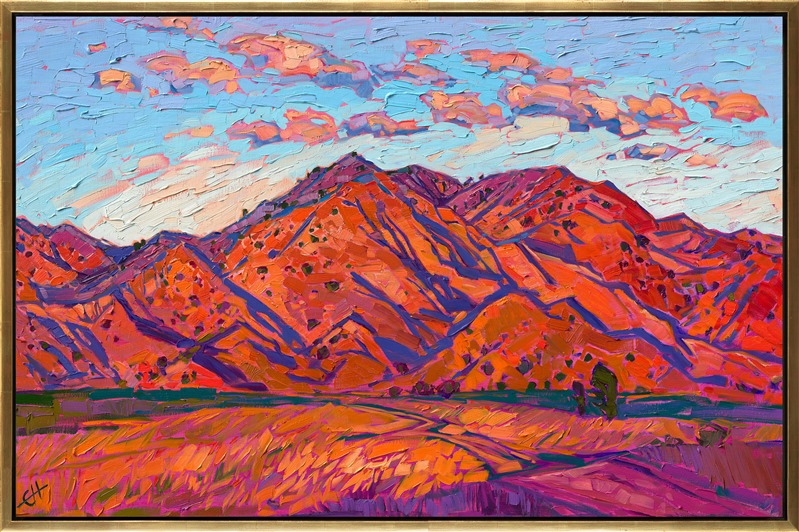 Southern California's iconic rolling hills are most beautiful at dawn, with the rich colors of sunrise cover the entire landscape in cadmium hues. This impressionist painting captures the beauty of this fleeting moment of color.</p><p>"Red Dawn" was created on 1-1/2" stretched linen, with the painting continued around the edges. The piece arrives framed in a contemporary gold floater frame, ready to hang.