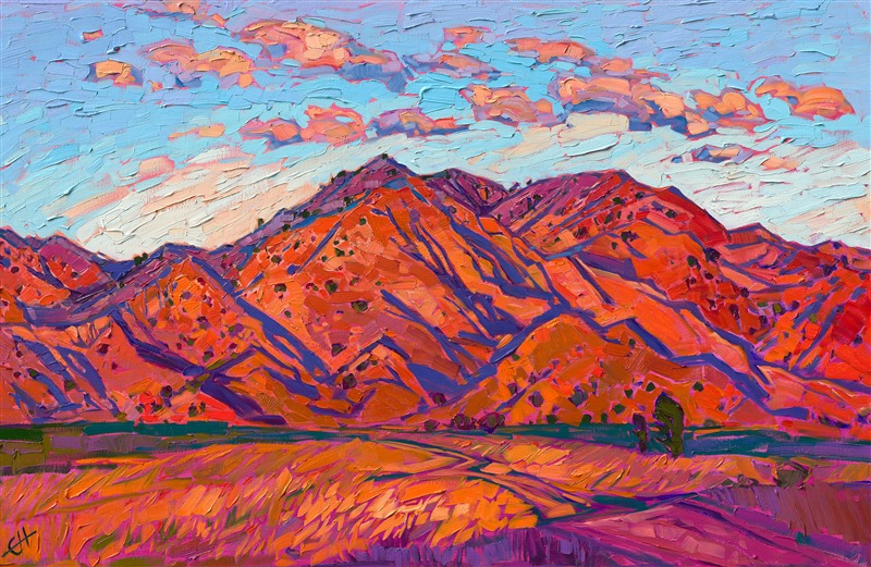 Southern California's iconic rolling hills are most beautiful at dawn, with the rich colors of sunrise cover the entire landscape in cadmium hues. This impressionist painting captures the beauty of this fleeting moment of color.</p><p>"Red Dawn" was created on 1-1/2" stretched linen, with the painting continued around the edges. The piece arrives framed in a contemporary gold floater frame, ready to hang.