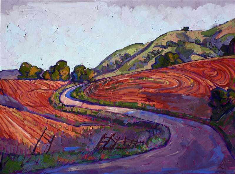 Rich, red plowed earth is ready to give birth to beautiful wine fields, east of Paso Robles, California. This impressionist painting has lovely movement and balance.