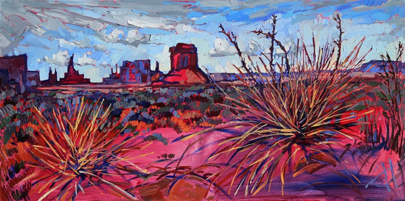 Brilliant reds of Monument Valley captured in loose brush strokes. This painting has an abstract feel, giving you a feel of being in the red rock desert without being too explicit.