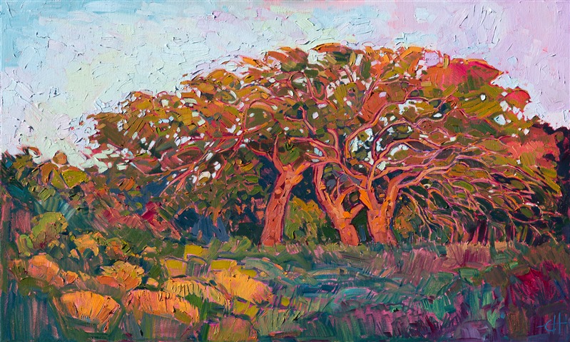 Red afternoon light lights up these California oak trees.  The beautiful contrast of the red and orange branches against the milky blue sky was a compelling concept to paint.  The brush strokes, vivid and loose, help to communicate the immediacy of the outdoors and the ever-changing colors of light.