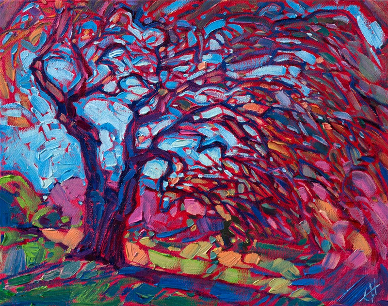 Brilliant color shines from the canvas, in this depiction of a California oak tree.  The vivid color and thick brush strokes add motion and light to the piece.  It is certainly an impression of the landscape.</p><p>This paining was created on 3/4" stretched canvas.  It has been framed in a traditional plein air frame.