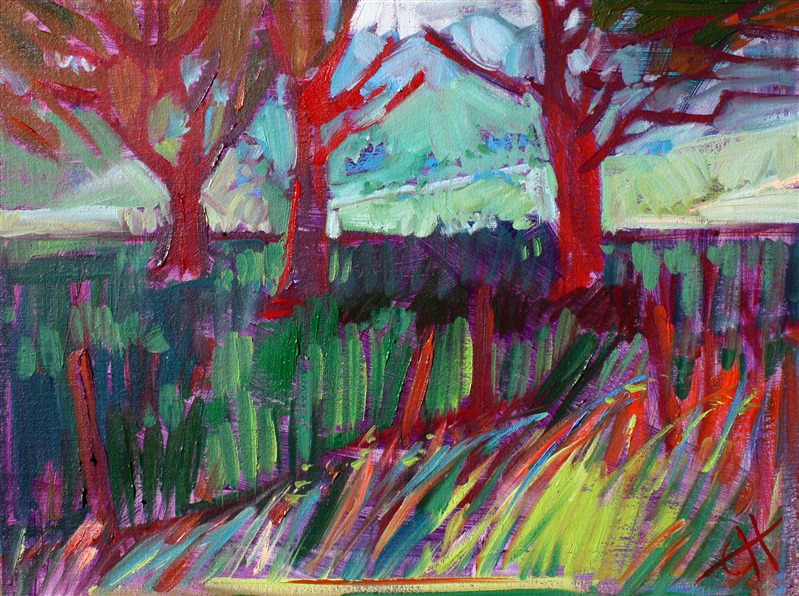 Small oil painting on board, this painting inspired the larger work "Oaks in Red."  The cool alizarin color of oak shadows against the back-lit grassy hills was an intriguing concept for the artist.