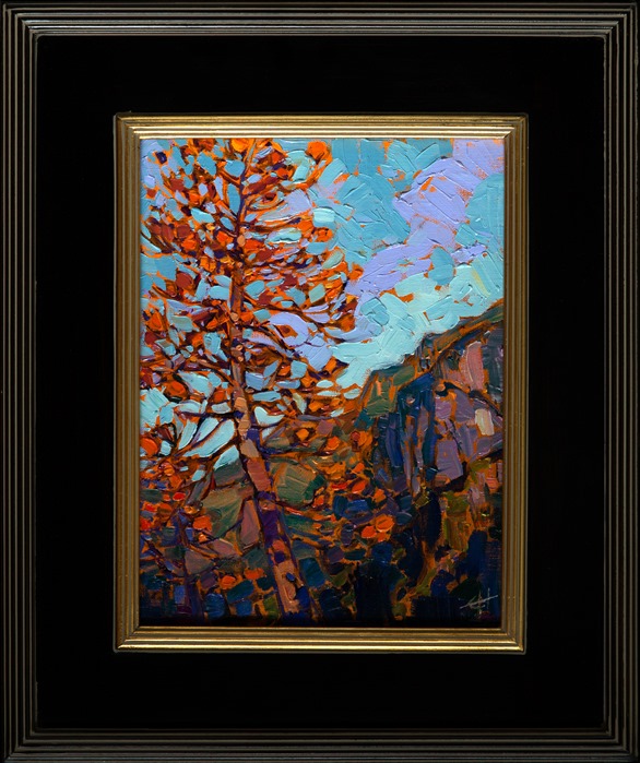 Please note: This painting will be on display at the St George Art Museum during the fall of 2016, in celebration of the National Park's centennial.  You may purchase this painting, but it will not be available to ship until after the exhibition.  Please contact the artist for more information.</p><p>This painting was inspired by Yosemite National Park. This stately pine tree was the color of burnished copper, a beautiful contrast against the distant purple-green cliffs.  The painterly brush strokes are alive with motion, creaitng a mosaic of texture across the canvas.</p><p>This oil painting was done on 1/4" canvas-wrapped board. The painting has been framed in a classic plein air frame.