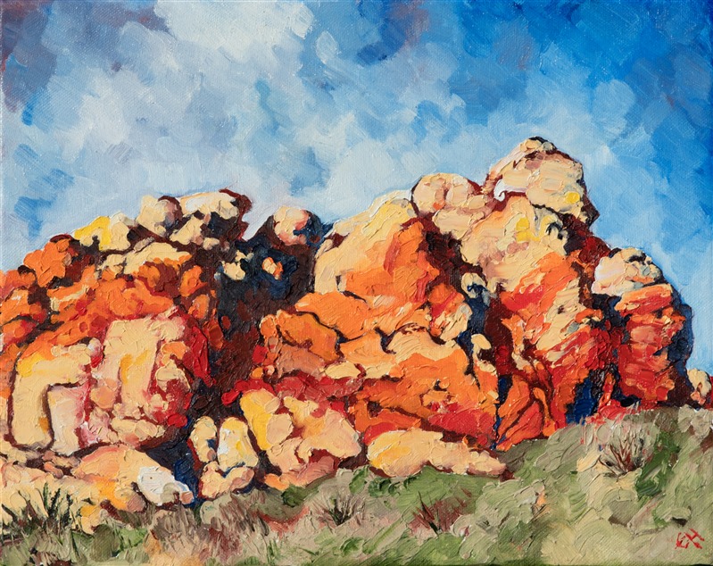This painting was included in the exhibition <i><a href="https://www.erinhanson.com/Event/ContemporaryImpressionismatGoddardCenter" target="_blank">Open Impressionism: The Works of Erin Hanson</i></a>, a 10-year retrospective and study of the development of Open Impressionism at The Goddard Center in Ardmore, OK. 

This painting was exhibited at <i>Erin Hanson: Landscapes of the West </i> solo museum exhibition at the Sears Art Museum in St. George, Utah.

About the Painting:
This was the first Open Impressionism painting created in Red Rock Canyon, painted on the first morning after Hanson moved to Las Vegas when she was camping out in the desert.  This painting remains in the artist's private collection.