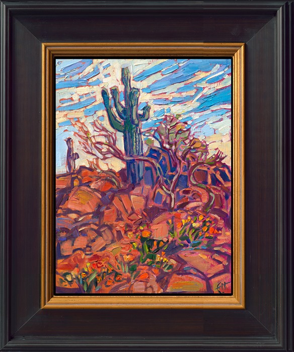 The red rock desert of Arizona is seeped in vibrant color -- the perfect inspiration for an impressionist painter. This petite oil painting captures the feeling of the southwest with loose, expressive brush strokes.</p><p> "Red Rock Saguaro" is an original oil painting on linen board, done in Erin Hanson's signature Open Impressionism style. The piece arrives framed in a wide, mock floater frame finished in black with gold edging.</p><p>This piece will be displayed in Erin Hanson's annual <i><a href="https://www.erinhanson.com/Event/petiteshow2023">Petite Show</i></a> in McMinnville, Oregon. This painting is available for purchase now, and the piece will ship after the show on November 11, 2023. 