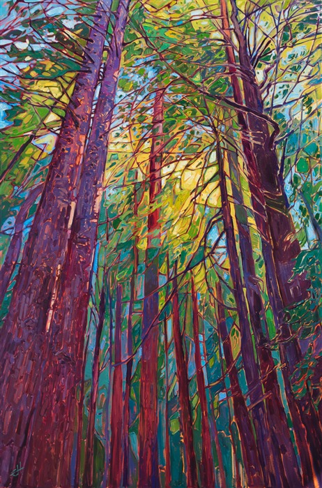 The redwood forest near Mendocino, in Northern California, is captured on canvas with thickly applied brush strokes and vibrant color. The crisscrossing of the branches creates a mosaic pattern of light and shadow among the leaves. </p><p>"Redwoods" was created on 1-1/2" canvas, with the painting continued around the edges. The piece arrives framed in a custom-made gold floating frame.