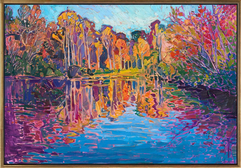 A small trout lake nestled in the Blue Ridge Mountains catches rays of early morning light on the surrounding trees. In the early morning, the water's surface is calm and serene, before the daily winds have disturbed the peaceful reflections.</p><p>"Autumn Reflections" is an original oil painting by Erin Hanson, created on stretched canvas. The piece arrives framed in a contemporary gold floater frame, ready to hang.
