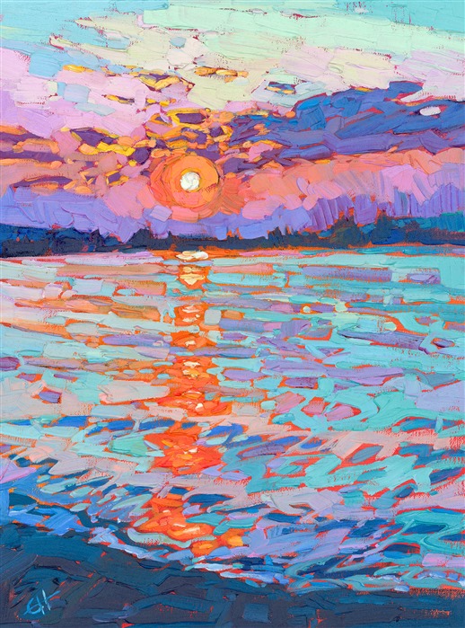 Sunset-drenched reflections move through the coastal waters in this impressionist oil painting. The brushstrokes are alive with color and movement, capturing this fleeting moment of beauty forever on canvas.</p><p>"Reflected Light" is an original oil painting done on linen board. The petite painting arrives framed in a burnished silver frame, ready to hang.</p><p>This painting will be displayed at Erin Hanson's annual <a href="https://www.erinhanson.com/Event/ErinHansonSmallWorks2022" target=_"blank"><i>Petite Show</a></i> on November 19th, 2022, at The Erin Hanson Gallery in McMinnville, OR.