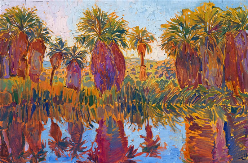 The shaggy trunks of a grove of desert palms are reflected in the still pools of Thousand Palms Oasis, in the Coachella Valley, California. The impressionistic brush strokes are loose and painterly, capturing the dynamic color of the high desert.</p><p>"Reflected Palms" was created on 1-1/2" canvas, with the painting continued around the edges. The piece arrives framed in a contemporary gold floater frame.