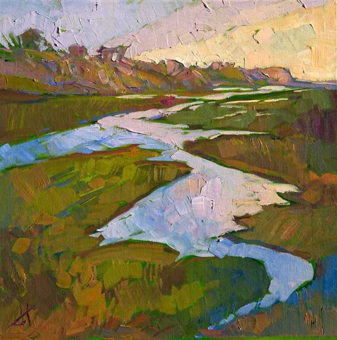 Sunset colors reflect in these California marshes, the vivid color electric against the shadowed grasses.  Each brush stroke in this painting is free and expressive, a spontaneous stroke of motion and color.</p><p>This small oil painting arrives framed and ready to hang.