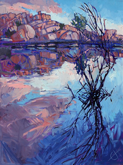 Barker Dam at Joshua Tree National Park is an oasis of color during the early dawn.  The vibrant colors of the early light casts its hue across the granite rock formations, lighting them with fire.  The still waters of the dam capture perfect reflections of the surrounding desertscape.</p><p>This painting was created on gallery-depth canvas, with the edges painted around the sides.  The painting arrives framed in a beautiful hardwood floater frame, ready to hang.