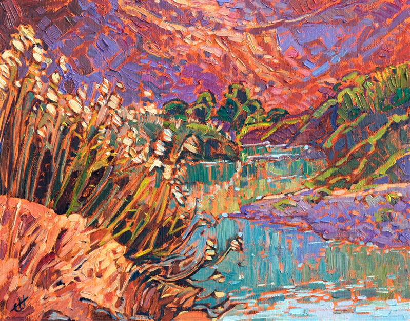 The slowly moving waters of the Rio Grande northwest of Big Bend National Park are surrounded by red limestone cliffs and verdant plantlife. This painting captures the color combinations of an early morning by the Rio Grande.</p><p>This painting will be on display at the Museum of the Big Bend, during the solo exhibition <i><a href="https://www.erinhanson.com/Event/MuseumoftheBigBend" target="_blank">Erin Hanson: Impressions of Big Bend Country.</a></i> This painting will be ready to ship after January 10th, 2019. <a href="https://www.erinhanson.com/Portfolio?col=Big_Bend_Museum_Show_2018">Click here</a> to view the collection.</p><p>This painting has been framed in a custom-made gold frame. The painting arrives ready to hang.