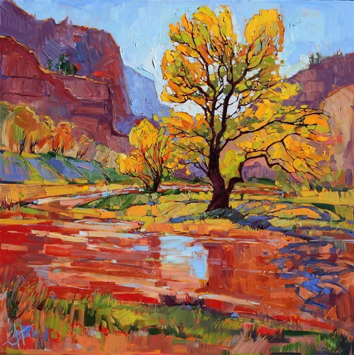 Erin's 50-mile trek through Zion National Park continues to inspire oil paintings. This painting captures the day-long hike through Hop Valley, the muddy red sands reflecting the November cottonwoods in their watery surface.
