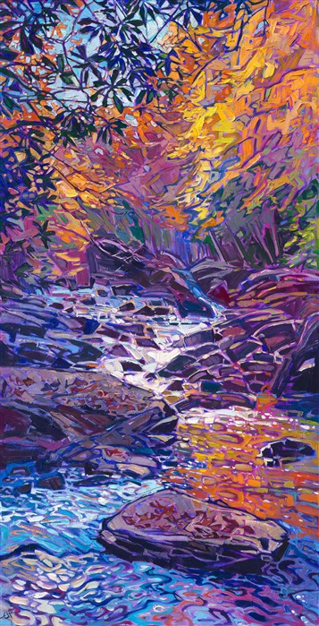 Rainbow reflections of autumn hues sparkle in the stream of water. I discovered this little creek hiking into the woods in the Blue Ridge Mountains. The brush strokes are thickly applied in loose, expressive strokes, capturing the movement and vitality of the scene. </p><p>"Reflections of Autumn" is an original oil painting on stretched canvas. The piece arrives framed in a contemporary gold floater frame, ready to hang.