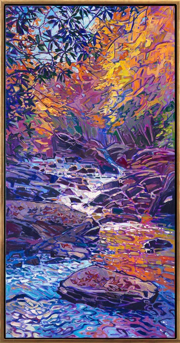 Rainbow reflections of autumn hues sparkle in the stream of water. I discovered this little creek hiking into the woods in the Blue Ridge Mountains. The brush strokes are thickly applied in loose, expressive strokes, capturing the movement and vitality of the scene. </p><p>"Reflections of Autumn" is an original oil painting on stretched canvas. The piece arrives framed in a contemporary gold floater frame, ready to hang.