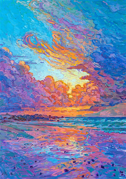 Rich hues of sunset reflect off the wet sand in this painting of Monterey, on the California coast. The impasto brush strokes are loose and expressive, capturing the vivacity and movement of the scene. In her style of Open Impressionism, Erin Hanson tries to not overlap her brush strokes when painting, getting each stroke right the first time without blending. This gives her impressionist paintings of sunsets and coastlines a bright and painterly feel, without any muddy colors.</p><p>The piece will be displayed at Erin Hanson's solo museum show <i><a href="https://www.erinhanson.com/Event/AlchemistofColor" target="_blank">Erin Hanson: Alchemist of Color</i></a> at the Channel Islands Maritime Museum in Oxnard, California. You may purchase this painting now, but the piece will not be delivered until after the show ends on December 28th, 2023.</p><p>"Reflections of Color" is an original oil painting on stretched canvas. The piece arrives framed in a contemporary gold floater frame finished in 23kt gold leaf.