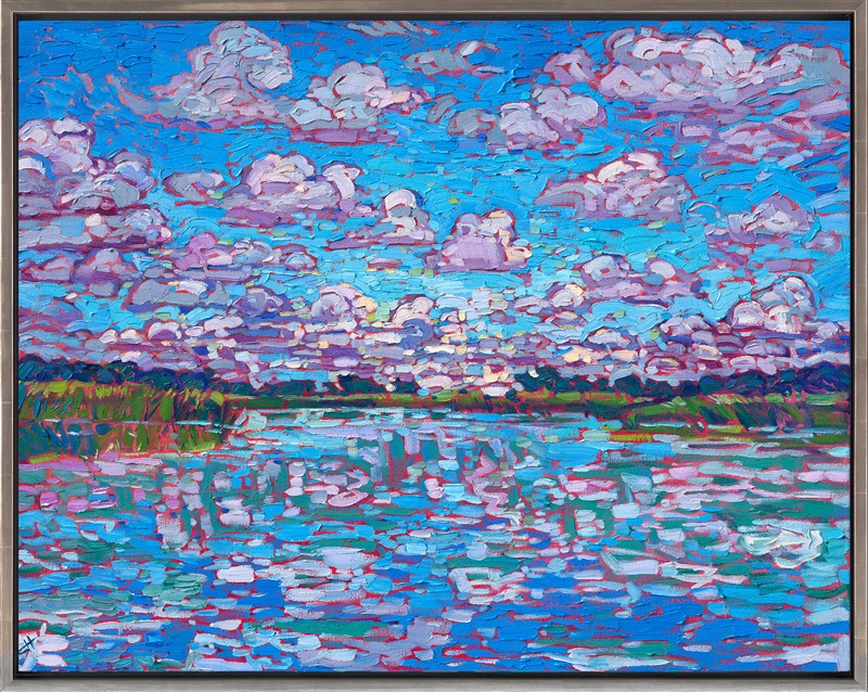 Still waters reflect a blue sky and clouds overhead. The impasto brush strokes add depth and movement to the scene. The piece is reflective, evocative, and peaceful.</p><p>The piece will be displayed at Erin Hanson's solo museum show <i><a href="https://www.erinhanson.com/Event/AlchemistofColor" target="_blank">Erin Hanson: Alchemist of Color</i></a> at the Channel Islands Maritime Museum in Oxnard, California. You may purchase this painting now, but the piece will not be delivered until after the show ends on December 28th, 2023.</p><p>"Reflections of Summer" is an original oil painting by Erin Hanson. The work was created on 1-1/2" stretched canvas and arrives framed in a burnished silver floater frame, wire-mounted, and ready to hang.