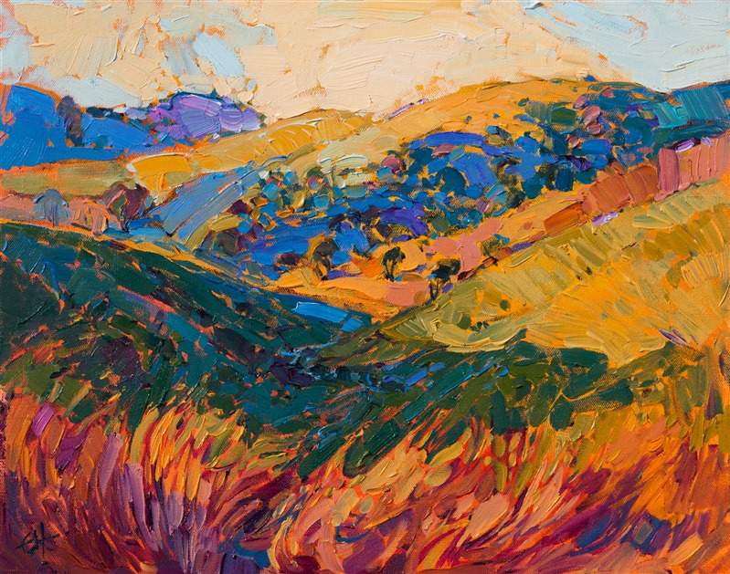 Vibrant color comes alive with warm energy in this small oil painting of California wine country.  This painting of Paso Robles captures the smoothly rolling hills and rounded oak trees present in this region.  The brush strokes are loose and impressionistic, creating a sense of motion through the painting.</p><p>This painting was done on 3/4"-deep stretched canvas.  It has been framed in a classic plein air frame and arrives ready to hang.