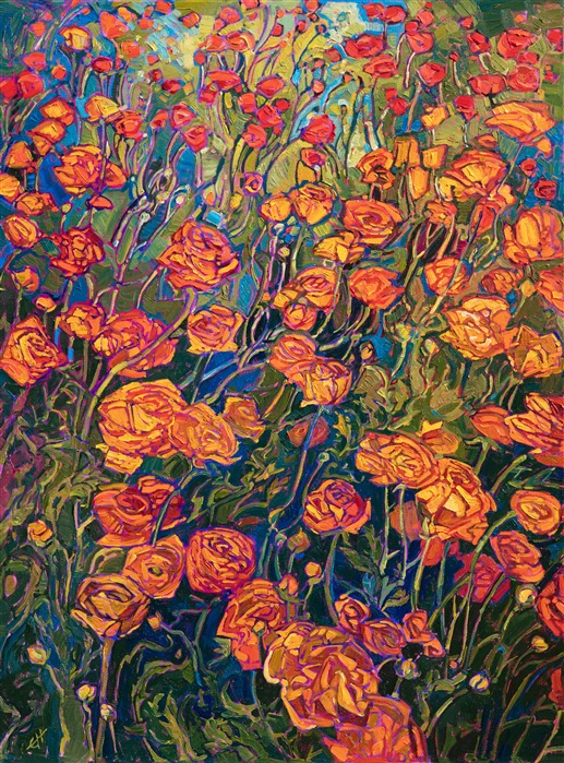 The flower fields north of San Diego are beautifully sown with contrasting fields of ranunculus flowers. The bright, saturated colors range from pink to orange to red to yellow to white. This painting captures a close-up view of the orange blooms against a verdant, emerald background.</p><p>This painting was created on 1-1/2" canvas and arrives framed in a custom-made, gold floating frame.