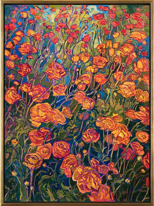 The flower fields north of San Diego are beautifully sown with contrasting fields of ranunculus flowers. The bright, saturated colors range from pink to orange to red to yellow to white. This painting captures a close-up view of the orange blooms against a verdant, emerald background.</p><p>This painting was created on 1-1/2" canvas and arrives framed in a custom-made, gold floating frame.