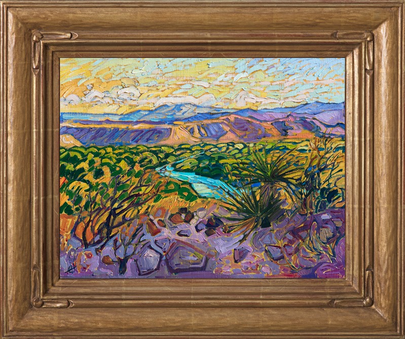 The Rio Grande peeks between the surrounding trees, seen from the top of a plateau. The last color of daylight spreads across the wide landscape, casting a warm glow across the vista.</p><p>This painting will be on display at the Museum of the Big Bend, during the solo exhibition <i><a href="https://www.erinhanson.com/Event/MuseumoftheBigBend" target="_blank">Erin Hanson: Impressions of Big Bend Country.</a></i> This painting will be ready to ship after January 10th, 2019. <a href="https://www.erinhanson.com/Portfolio?col=Big_Bend_Museum_Show_2018">Click here</a> to view the collection.</p><p>This painting has been framed in a custom-made gold frame. The painting arrives ready to hang.