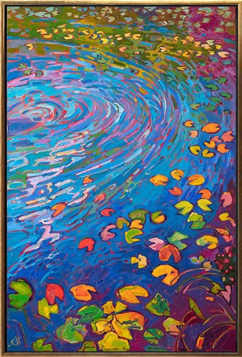 Ripples of color dance through this pond of lily pads. Thick brush strokes of paint highlight the contrasting hues and movement of the waters.</p><p>"Ripples of Light" was created on 1-1/2" canvas, with the painting continued around the edges. The piece arrives in a contemporary gold floater frame.