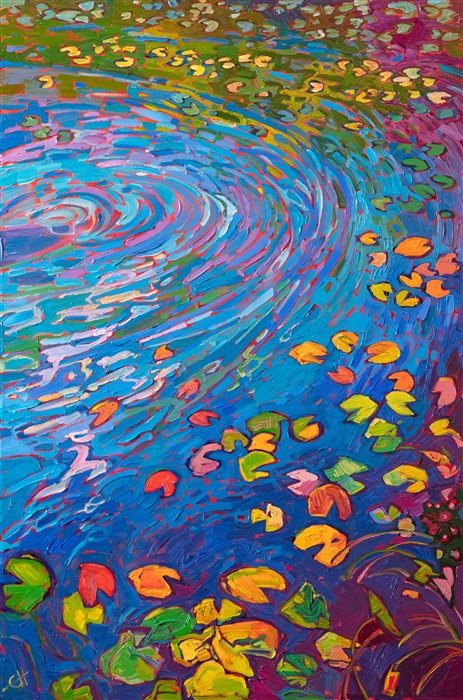 Ripples of color dance through this pond of lily pads. Thick brush strokes of paint highlight the contrasting hues and movement of the waters.</p><p>"Ripples of Light" was created on 1-1/2" canvas, with the painting continued around the edges. The piece arrives in a contemporary gold floater frame.