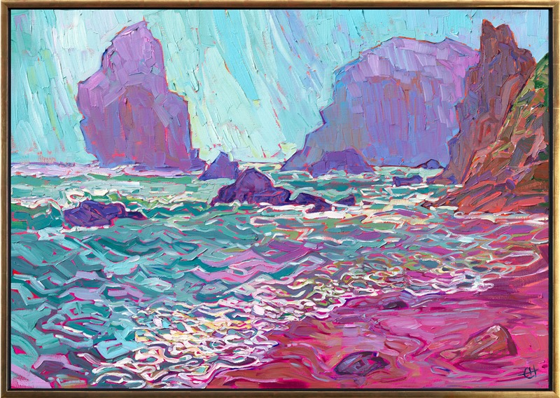 Rising fog off the Pacific coastline reveals looming boulders that gather along the water's edge. The foaming waters reflect the purple and turquoise light of early morning. The thick, impressionist brush strokes capture the movement and color of the scene.</p><p>"Rising Fog" was created on gallery-depth canvas, and the painting arrives framed in a contemporary gold floater frame, ready to hang.