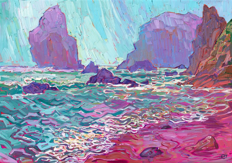 Rising fog off the Pacific coastline reveals looming boulders that gather along the water's edge. The foaming waters reflect the purple and turquoise light of early morning. The thick, impressionist brush strokes capture the movement and color of the scene.</p><p>"Rising Fog" was created on gallery-depth canvas, and the painting arrives framed in a contemporary gold floater frame, ready to hang.