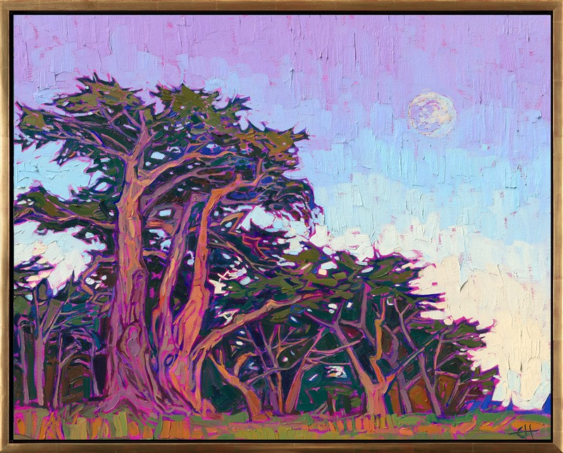 A grove of Monterey cypress trees stands facing the Pacific Ocean, in this oil painting of Pacific Grove, California. The luminous bark of the cypress trees glows in the earthy warm hues of dusk. Thick, painterly brushstrokes give the piece a sense of movement and rhythm.</p><p>"Rising Moon" is an original oil painting created on stretched canvas. The painting arrives framed in a contemporary gold floater frame, ready to hang.