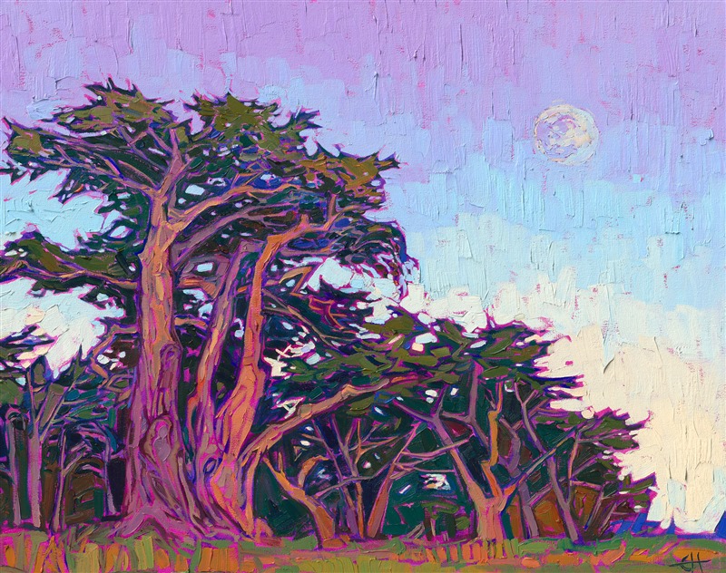 A grove of Monterey cypress trees stands facing the Pacific Ocean, in this oil painting of Pacific Grove, California. The luminous bark of the cypress trees glows in the earthy warm hues of dusk. Thick, painterly brushstrokes give the piece a sense of movement and rhythm.</p><p>"Rising Moon" is an original oil painting created on stretched canvas. The painting arrives framed in a contemporary gold floater frame, ready to hang.