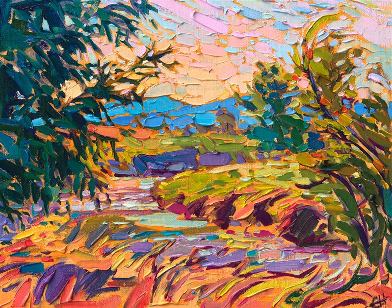 A winding creek in Oregon's lush wine valley glints with reflected light in the late summer sun. The brush strokes in this petite oil painting are loose and expressive, capturing the peace and movement of the scene.</p><p>"River Bend" is an original oil painting created on fine linen board. The piece arrives framed in a plein air frame, ready to hang.