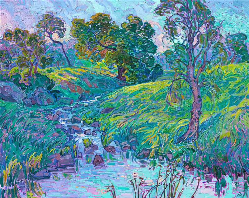 Sun-swept grass covers the rolling hills of Mariposa, California. The thick, impressionistic brush strokes convey a sense of movement within the painting, while the cool hues of blue and green have a soothing feel. This painting captures all the beauty of the outdoors on a large, expressive canvas.<br/>