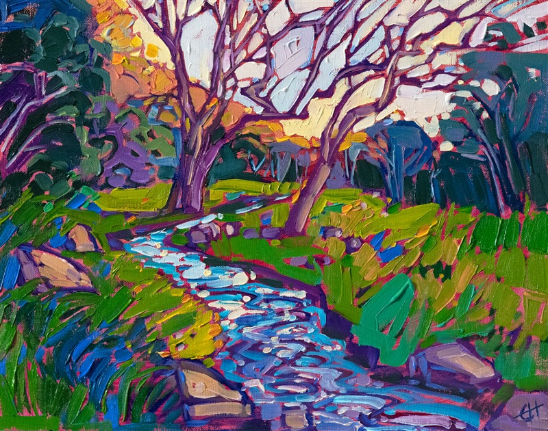 Big Canyon Country Club in southern California is captured in rich hues of spring - dark greens contrasting with pale yellows of late afternoon. The brush strokes are thick and impressionistic, alive with movement.</p><p>"River Light" is oil on fine linen board. The painting arrives framed in a gold plein air frame, ready to hang.